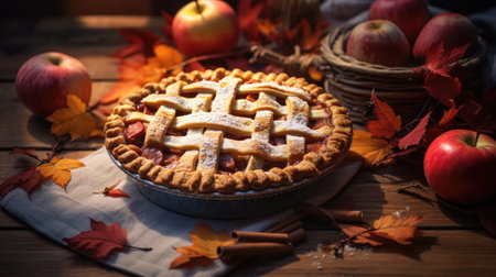 Homemade apple pie on a wooden table with apples and autumn leavesの素材