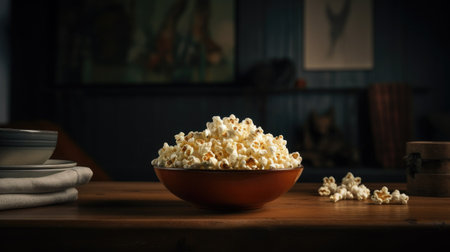 Popcorn in a bowl on a wooden table. Selective focus.の素材