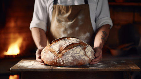 Cropped image of male baker in apron holding fresh bread in bakeryの素材