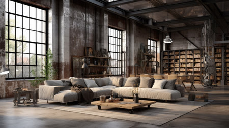 3D rendering of an industrial loft living room in a loft styleの素材