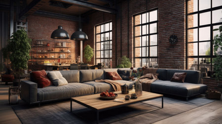 3d rendering of living room interior in loft style with sofa.の素材
