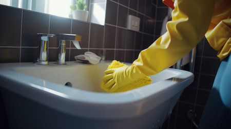 Close-up of female hands in yellow rubber gloves cleaning the sink in the bathroomの素材