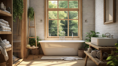 Bathroom interior with bathtub and window view. 3D Renderingの素材