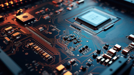 Close-up of electronic circuit board. Technology background. 3d renderingの素材