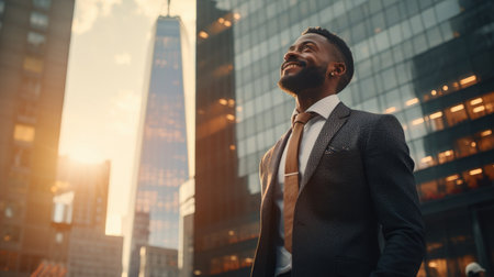 Portrait of happy african american businessman standing in modern cityの素材