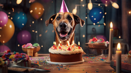 Cute dog celebrating birthday with cake and candies over wooden tableの素材