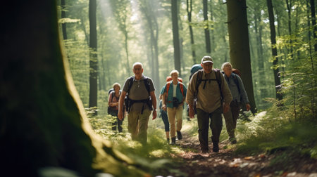 Group of senior people hiking in forest. Hikers with backpacksの素材