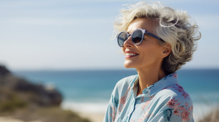 Portrait of smiling senior woman in sunglasses on beach during sunny dayの素材