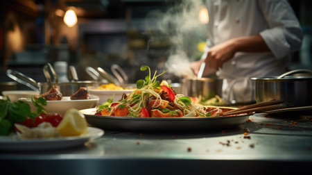 Chef in the kitchen at the restaurant prepares delicious dishes. Restaurantの素材