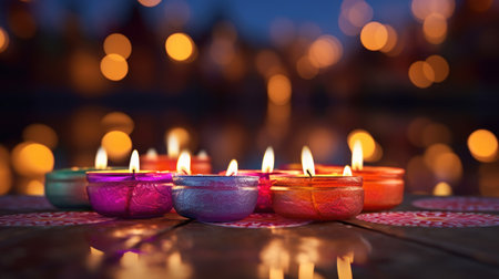 Happy Diwali - Clay Diya lamps lit during Dipavali, Hindu festival of lights celebration.の素材