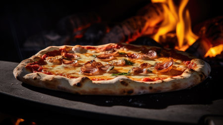 Pizza with bacon and mozzarella on the background of the fireの素材