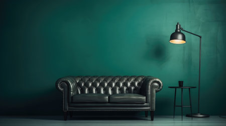 Luxury interior with black leather sofa and floor lamp. 3d renderの素材