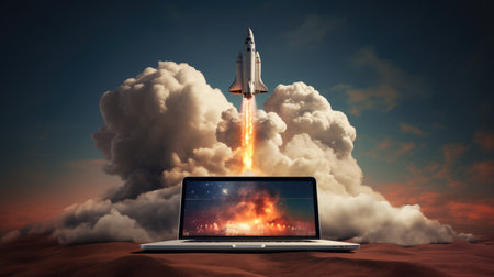 Conceptual image of a rocket launching from a laptop screen.の素材