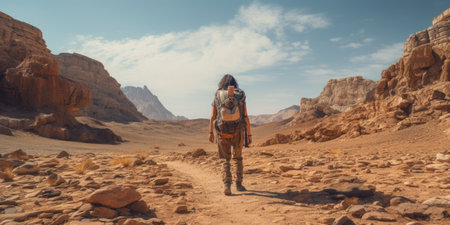 Hiking in the Wadi Rum desert in Jordan. Travel and adventure concept.の素材