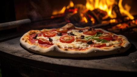 Pizza in the oven. Cooking pizza in a restaurant or pizzeriaの素材