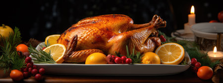 Roasted turkey with Christmas ornaments on a wooden table.の素材