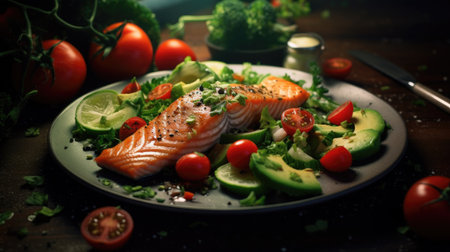 Salmon steak with avocado, cherry tomatoes and lettuce on black backgroundの素材