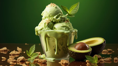 Avocado ice cream in a glass with fresh avocados and mint on a dark green backgroundの素材