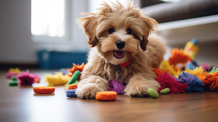 Cute dog playing with colorful toys on the floor at home.の素材