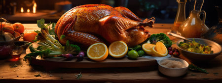Garnished roasted turkey on wooden board with citrus fruits and vegetables.の素材