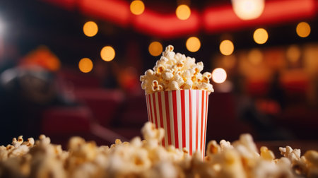 Popcorn in a red striped box on a background of a blurred cinemaの素材