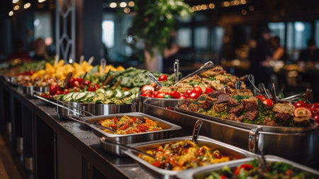 Catering buffet for events with meat, vegetables and salads.の素材