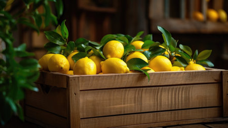 Lemons in a wooden box on a rustic background.の素材