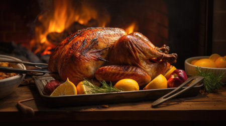 Garnished roasted turkey on a wooden table in front of a fireplaceの素材
