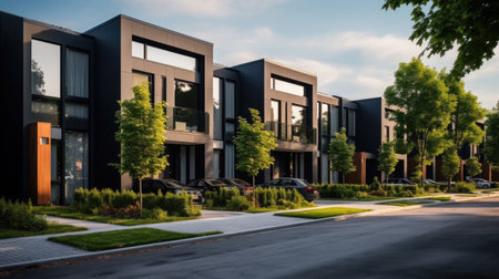 Modern office building exterior. Modern office building with green grass and trees.の素材