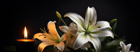 Lily flowers and a burning candle on a black background. Banner.の素材