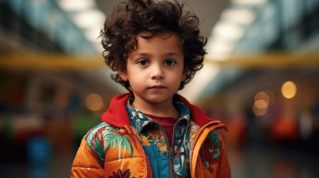 Portrait of a little boy with curly hair in a bright jacket.の素材