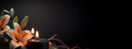 Beautiful lily flowers and burning candle on black background, bannerの素材