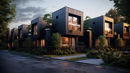 3d render of a modern house in the city at night.の素材