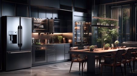 3d rendering of a modern kitchen in a loft with black wallsの素材