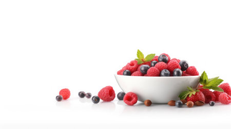 Fresh raspberries and blueberries in a bowl on white backgroundの素材