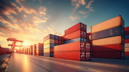 Containers shipping in the port at sunset. Freight transportation concept.の素材