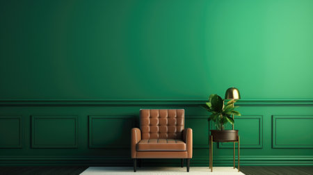 interior with brown leather armchair and green wall, 3d renderの素材
