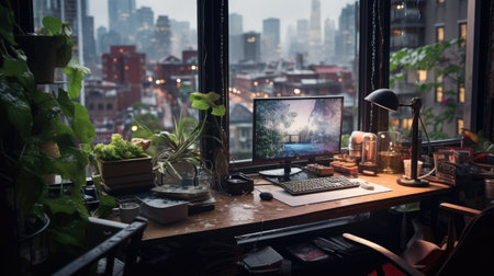 Working place with computer on table and city view background. Workplace concept.の素材