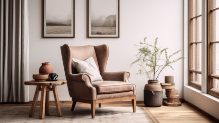 Interior of living room with armchair, coffee table and plant. 3d renderingの素材