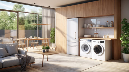 Laundry room interior design with washing machine. 3d renderの素材