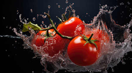 Water splash with fresh tomatoes isolated on black background. Fresh vegetables.の素材