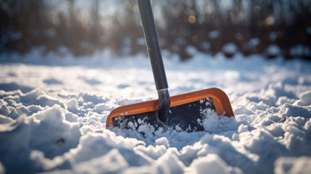 Snow cleaning shovel in the snow. Winter cleaning concept. Selective focus.の素材