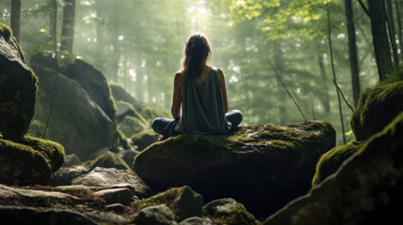 Young woman meditating on a rock in a green forest with fogの素材