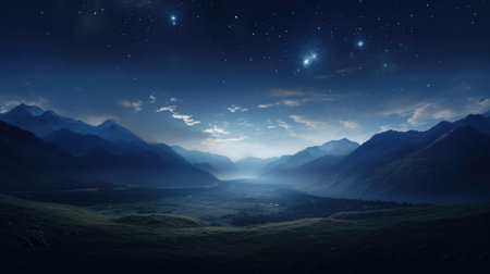 Mountain landscape at night with stars and moon. 3d renderingの素材