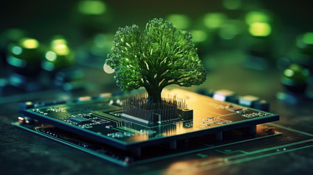 Conceptual image of green tree growing from microcircuit boardの素材
