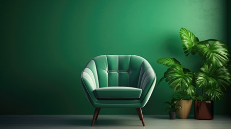 green living room with armchair and plant - 3d rendering illustrationの素材