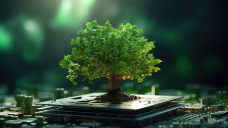 Conceptual image of green tree growing on a computer chip.の素材