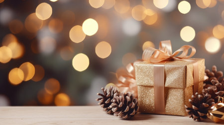 Golden gift box with christmas decoration on bokeh background.の素材