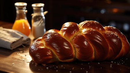 Sweet braided bread with sugar and orange juice in the background.の素材