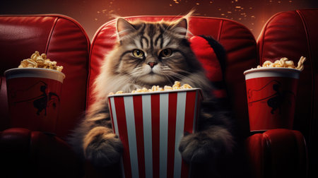 Cute cat with popcorn on red leather armchair in cinema.の素材